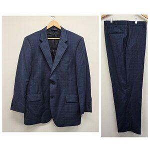 Jos A Bank Two-Piece Suit 100% Wool Jacket 44R Pants 39R Windowpane Grid Blue